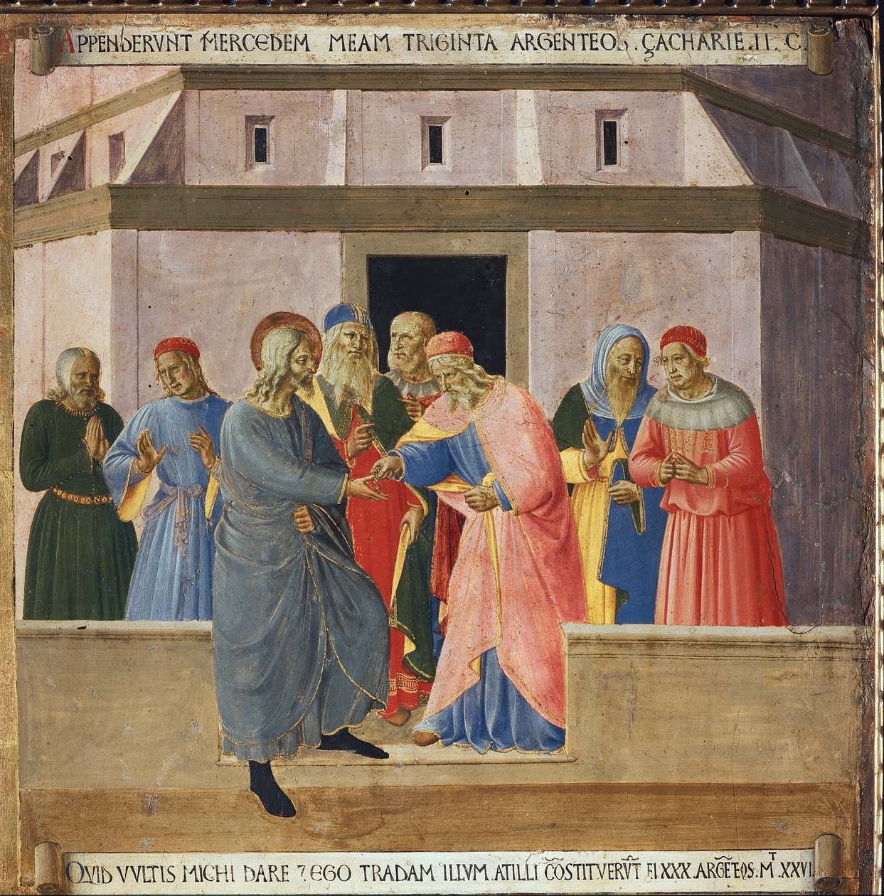 Judas gick till översteprästerna och gick med på att överlämna Jesus i utbyte mot trettio silvermynt. Kristi liv, Armadio degli Argenti. (Tempera på trä av Fra  Angelico