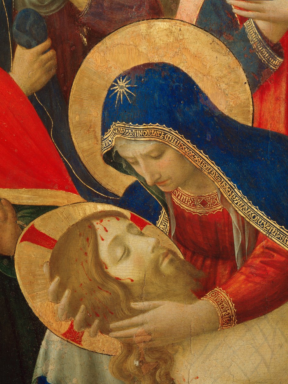 Klagosång över Kristi död, detalj av Jungfru Maria (målning på trä av Fra  Angelico
