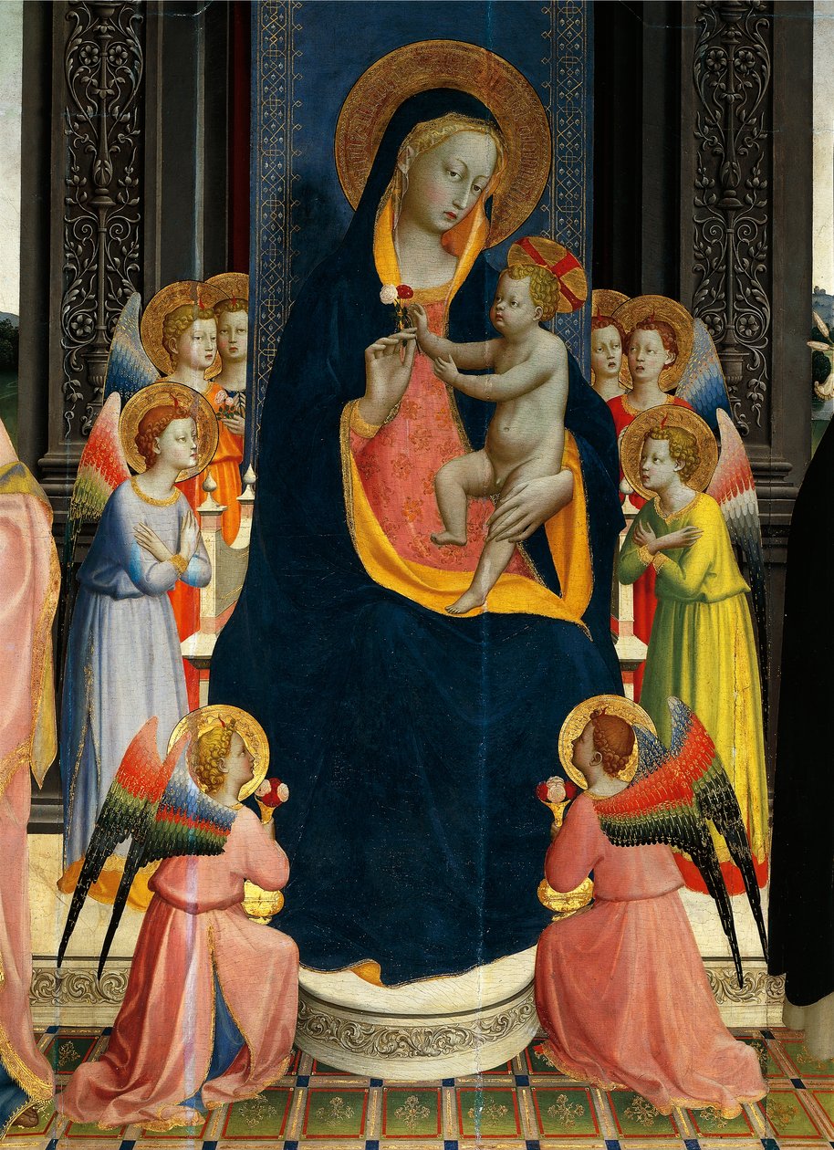 Madonna and Child Enthroned with Saints av Giovanni da Fiesole känd som Fra Angelico (1400-cirka 1455), tempera på trä, detalj av Fra (c.1387 1455) Angelico