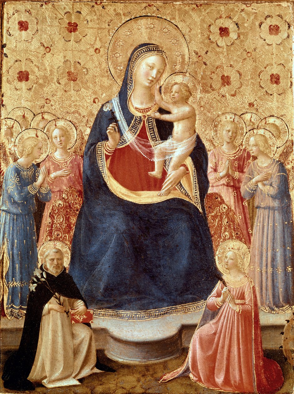 Madonna med barn och änglar, Sankt Dominikus och Sankta Katarina av Alexandria, ca 1435 (tempera och guld på pannå) av Fra (c.1387 1455) Angelico