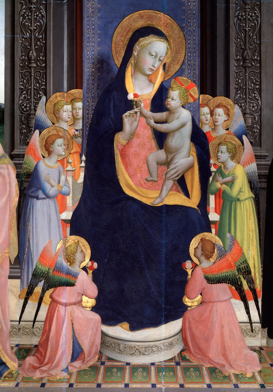 Madonna och barn med änglar. Detalj av Saint Dominic altartavla eller Pala di Fiesole (tempera på trä, ca 1424-1428) av Fra  Angelico