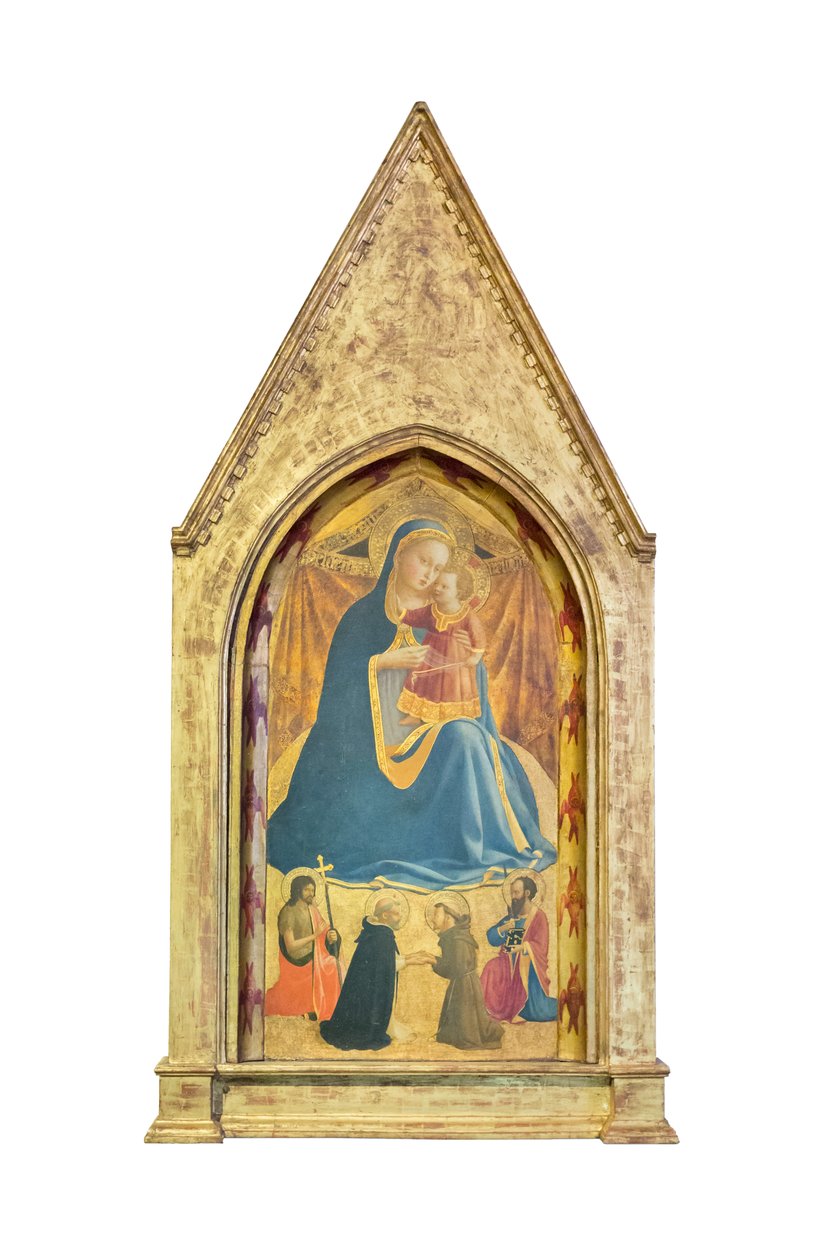 Madonna av ödmjukhet, Johannes Döparen och Paulus: möte mellan Dominikus och Franciskus av Assisi (tempera och guld på pannå) av Fra (c.1387 1455) Angelico