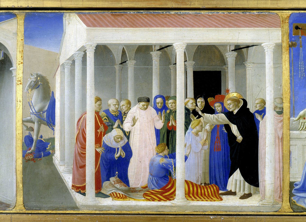 Saint Dominica (1170 - 1221) återuppväcker Napoleone Orsini, den nedre delen (predellen) av "Jungfruns kröning" som representerar Kristus vid graven och sex episoder av Saint Dominicas liv, grundaren av den ordning som Angelicode tillhör av Fra  Angelico