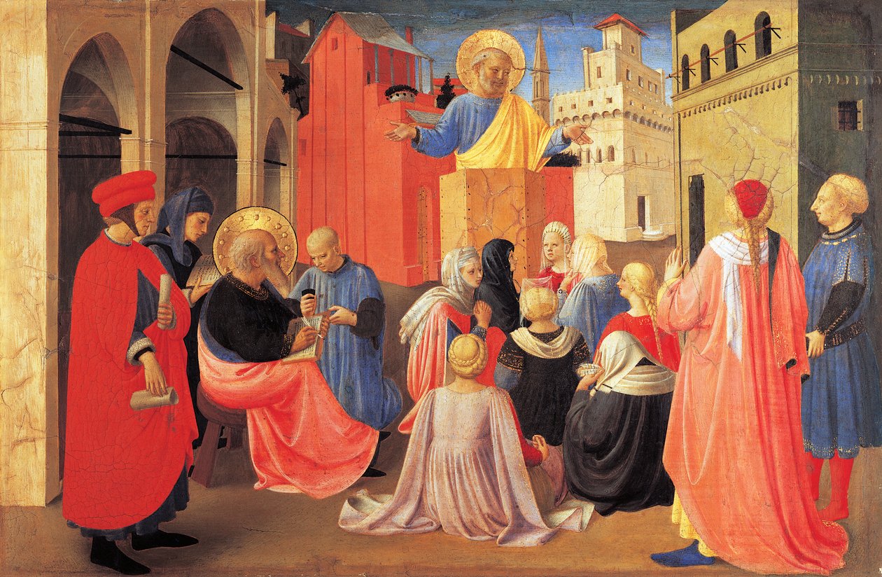 S:t Petrus predikar evangeliet till Markus, detalj från predella av linnedraperiernas tabernakel av Fra (c.1387 1455) Angelico