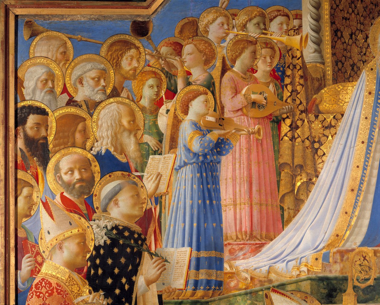 Jungfruns kröning, detalj av helgon och änglars musiker. Målning av Guido di Pietro (eller Giovanni da Fiesole) av Angelico or the Blessed (1387-1455) av Fra  Angelico