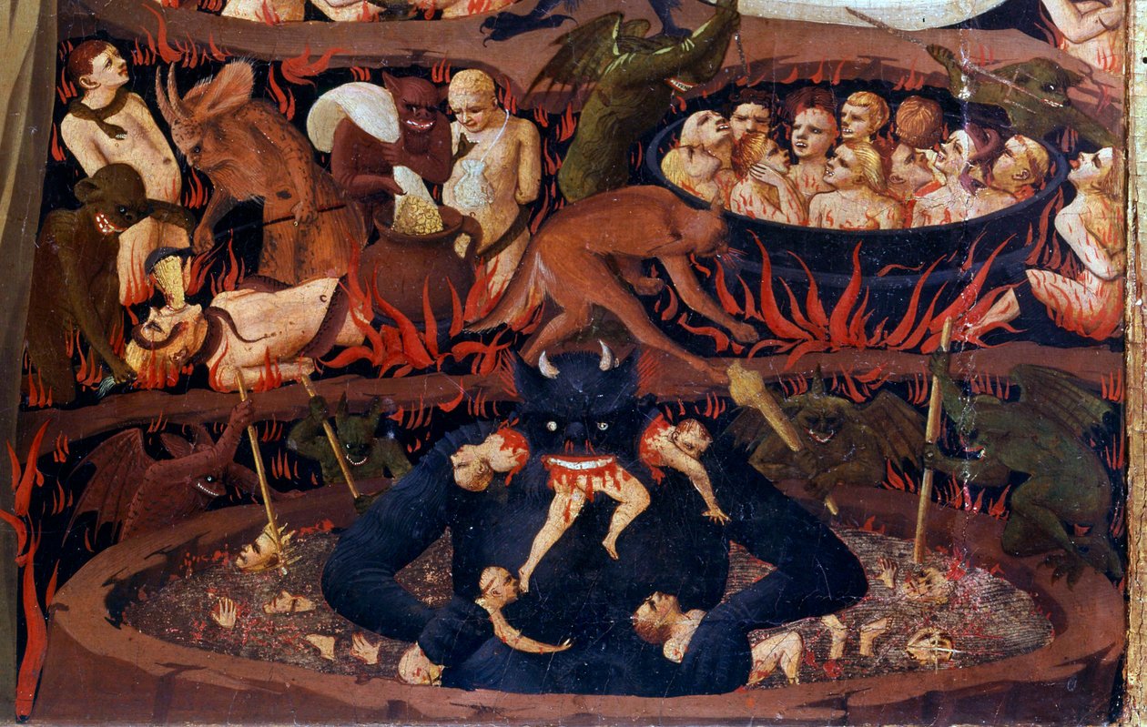 Den sista domen: detalj i underjorden. Förbannelser i de infernaliska kretsarna, tortyr av demoner. Detalj av en detrempe på trä av Guido di Pietro (eller Fra Giovanni da Fiesole) dit Fra Angelico eller il Beato (1387-1455) av Fra  Angelico