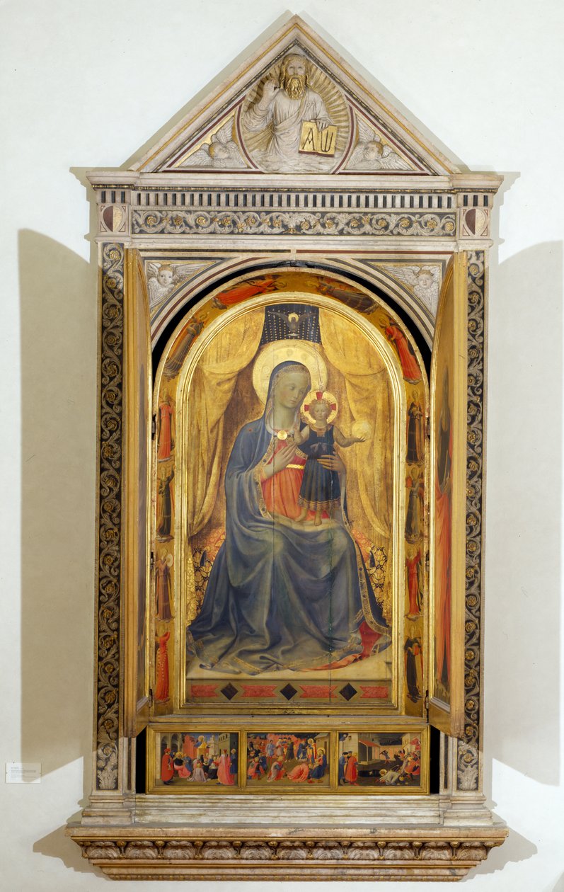 Linaiuoli-triptyken (med öppna luckor): Jungfrun och barnet tronade med Johannes Döparen och Markus av Fra  Angelico