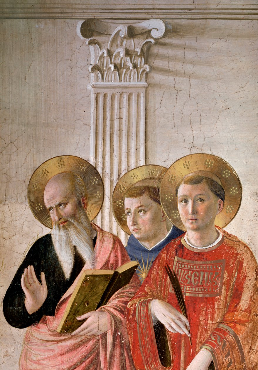 Skuggornas Madonna. Detalj: St John, St Thomas och St Lawrence (fresk, ca 1438-1446) av Fra  Angelico