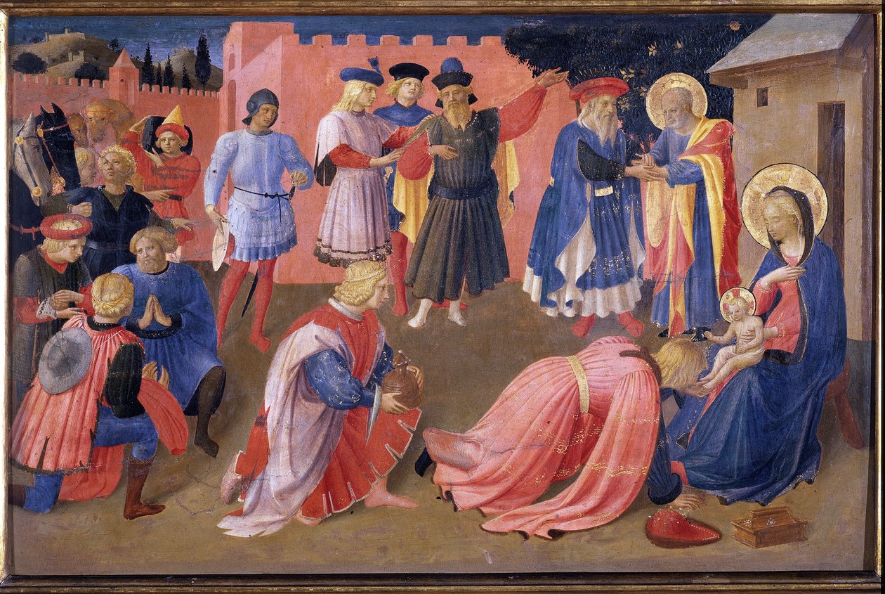 Tillbedjan av magi. Tabernakel av Linaioli (målning på trä av Fra  Angelico