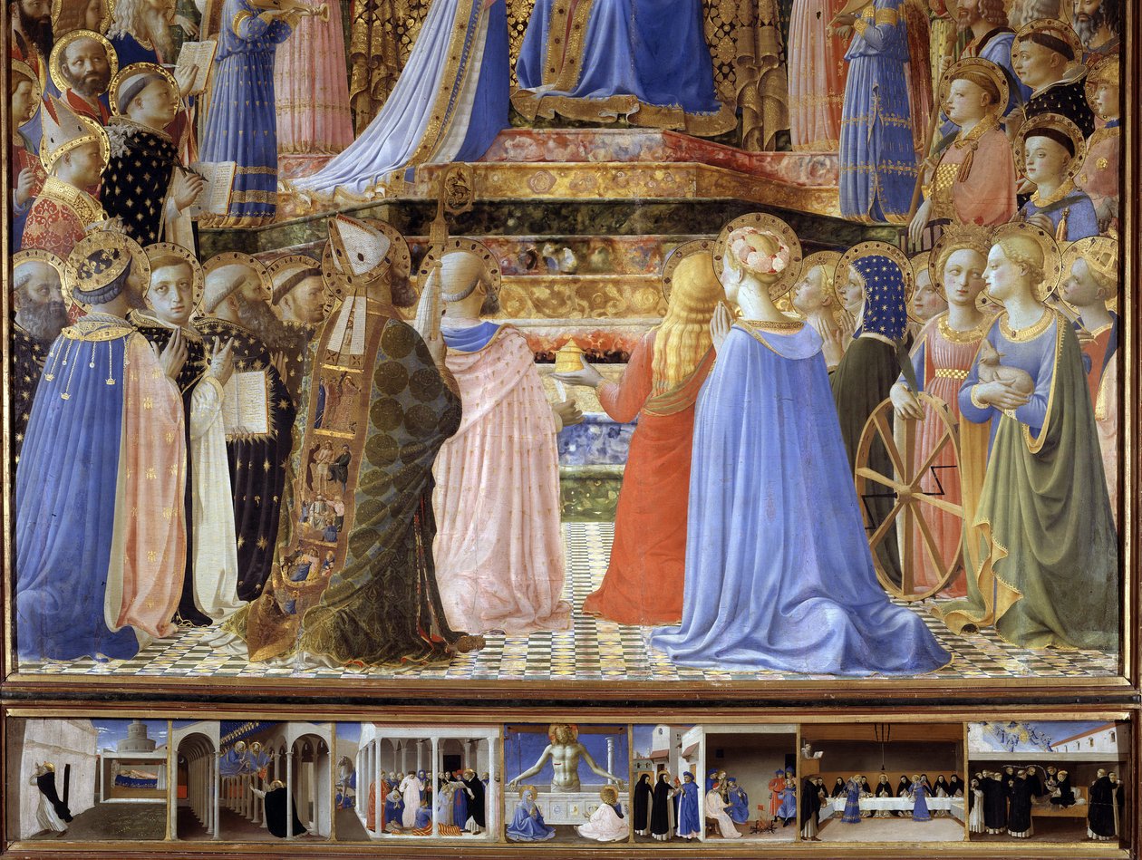 Kröningen av Virgin Detail of Saints and Angels musiker. Nedan, historien om Saint Dominica: framträdandet av Saint Peter och Saint Paul har Saint Dominica, Saint Dominic återuppväcker Napoleone Orsini, Kristus som står i sin grav, dispu av Fra  Angelico