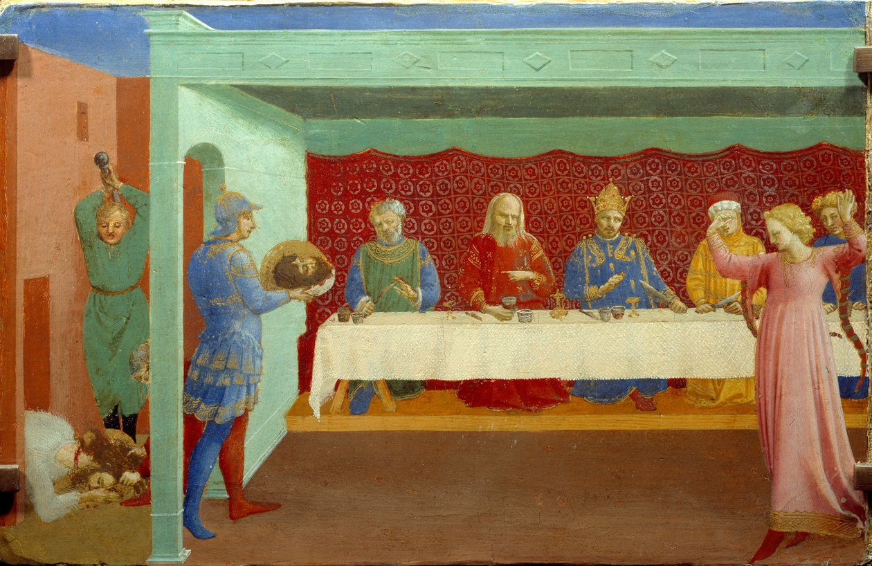 Avdelningen av Johannes Döparen vid Herodes Antipas bankett. Banquet de Herode (Herode Antipas): Herodiades (Salome) dotter, inbjuden till dans under Herodes födelsedag, förför Herode, som med ed lovar att ge henne allt hon ber om av Fra  Angelico