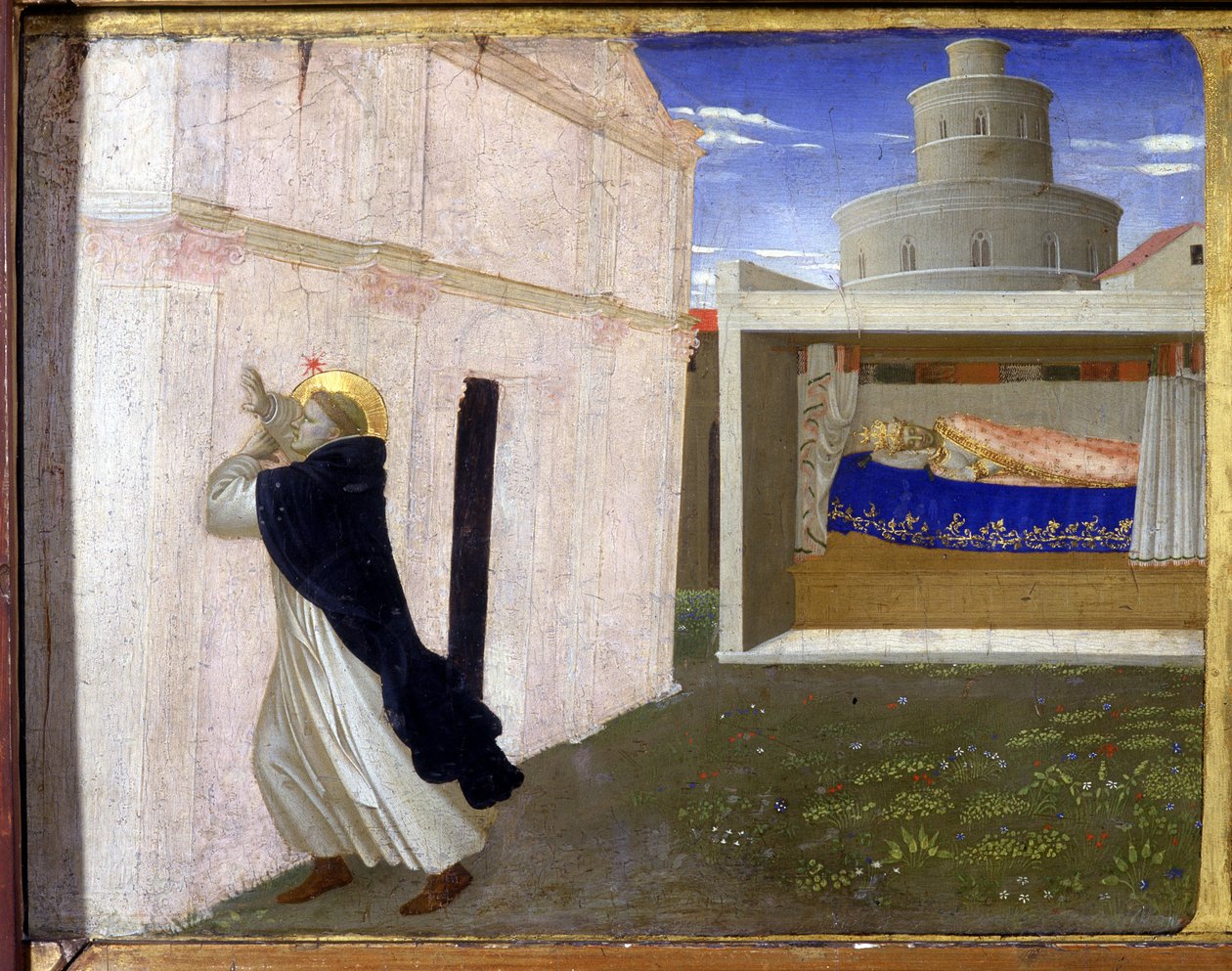 Drömmen om Innocentius III - den nedre delen (predella) av "Jungfruns kröning" som skildrar Kristus vid graven och sex avsnitt av Saint Dominicas liv, grundaren av den ordning som Angelicode tillhörde av Guido di Pietro ( eller Fra Giovan av Fra  Angelico