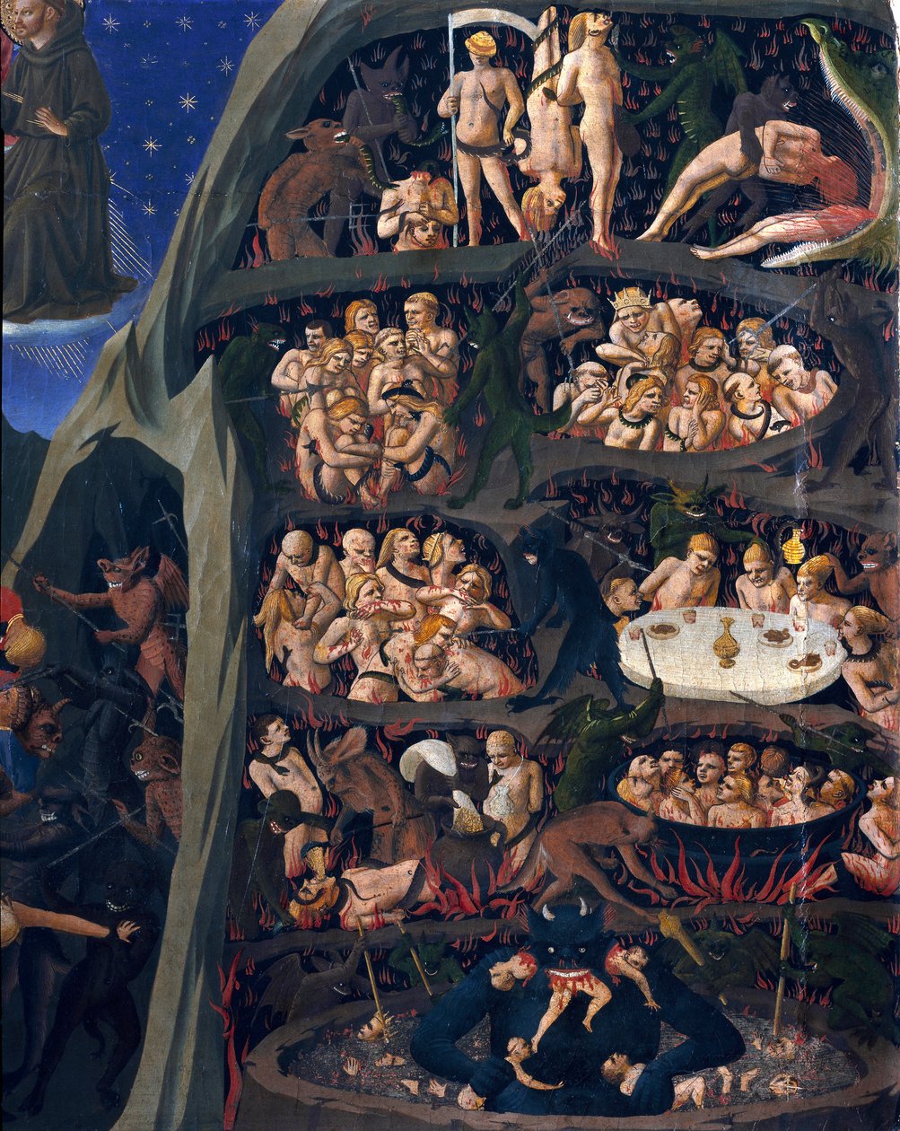 Den sista domen: helvete. Förbannelsernas själar utsatta för tortyr i helvetets kretsar. Djävulen på nedervåningen har en av dem. Målning av Guido di Pietro (eller Fra Giovanni da Fiesole) dit Fra Angelico ou il Beato (1400-1455) av Fra  Angelico
