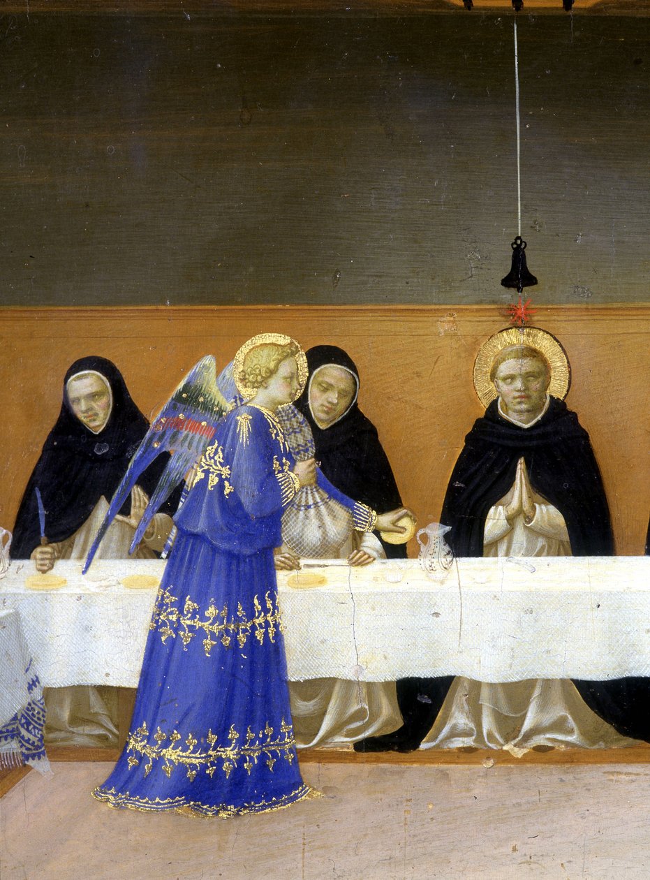 Munkarnas måltid serverad av änglarna - den nedre delen (predellen) av "Jungfruns kröning" som representerar Kristus vid graven och sex episoder av Saint Dominicas liv, grundaren av den ordning som Angelicode tillhörde av Guido di P av Fra  Angelico