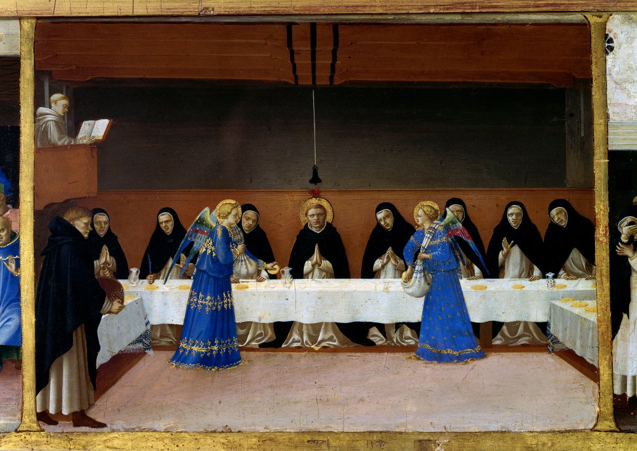 Munkarna vid bordet, änglarnas kök Life of Saint Dominica (detalj av predellen av Jungfruns kröning): änglarna serverar en måltid till dominikanska bröder. Målning av Guido di Pietro (eller Fra Giovanni da Fiesole) dit Fra Angelico ou i av Fra  Angelico