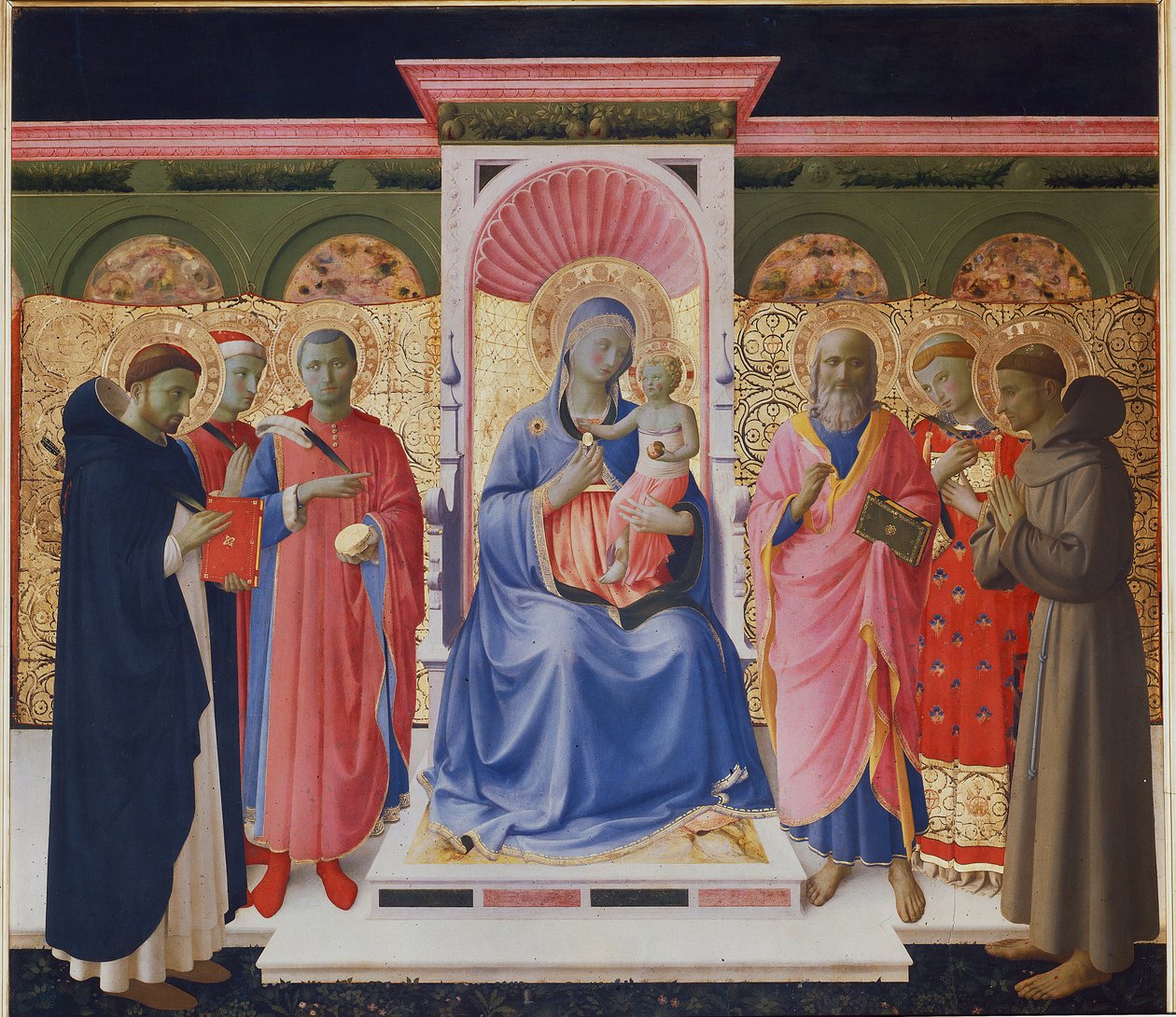 Jungfru och barn med sex helgon, Peter, Cosmas och Damian, St John, St Lawrence och St Francis. Detalj av Annalena altartavla (trämålning av Fra  Angelico