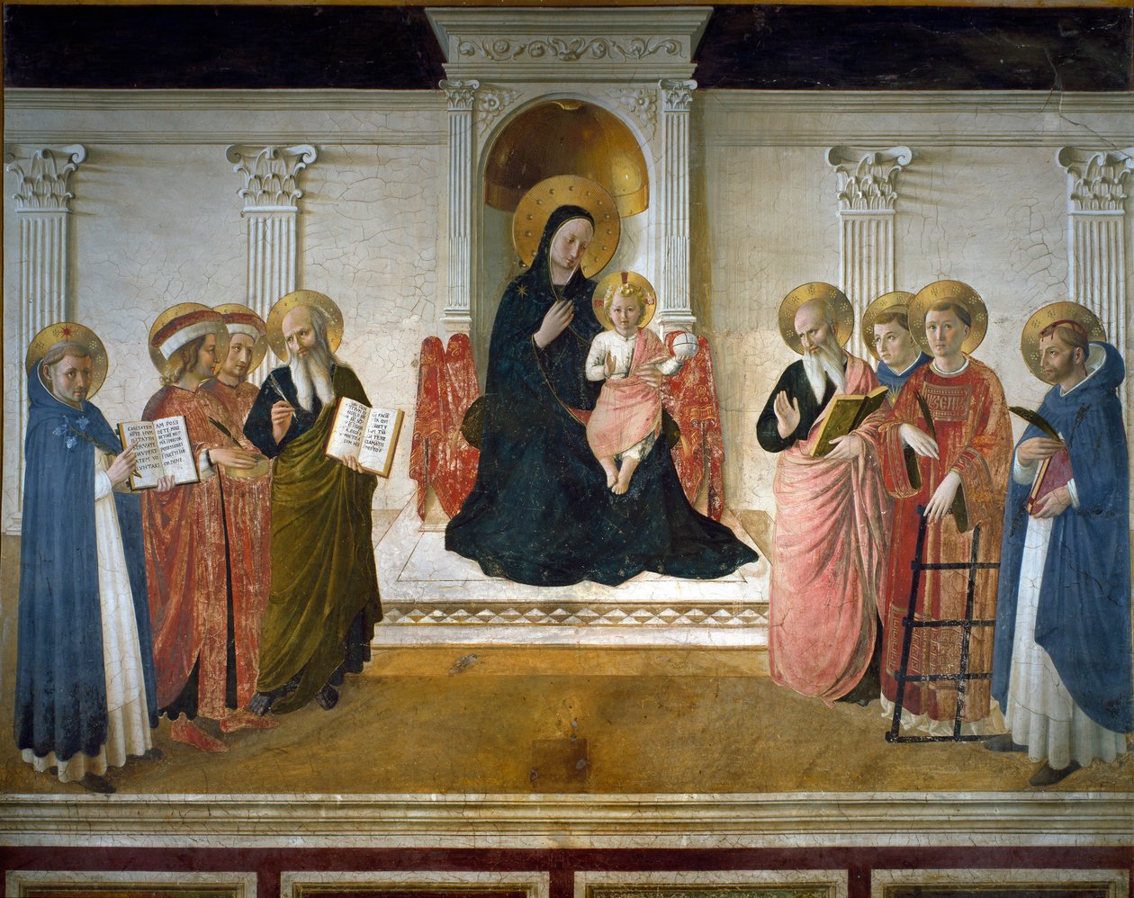 Virgin of Shadows eller "" Heligt samtal" eller "" Jungfru och barn med åtta heliga: Dominic, St Cosimo (Kom eller Cosimo) och St Damien, St Mark, St John the Evangelist, St Thomas Aquinas, St Laurent och St Peter" Jesu Kristi aureol är märkt med av Fra  Angelico