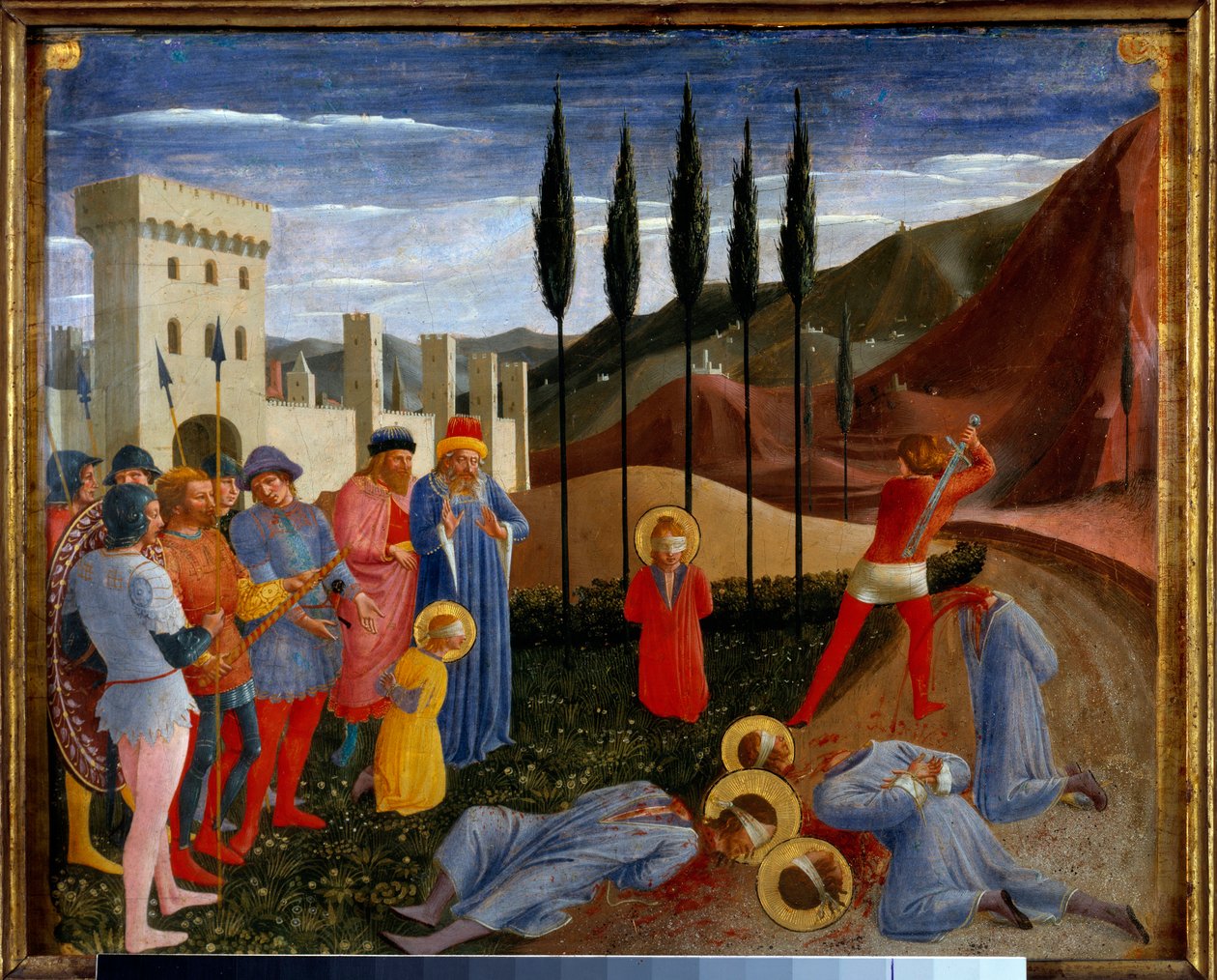 martyrskapet av Saints Cosimo (Kom eller Cosimo) och Damien Saint Cosme och Saint Damien, tvillingbröder födda på 300-talet, doktorer i medicin, torterades sedan halshuggare. Detrempe på trä av Guido di Pietro (eller Fra Giovanni da Fiesole) dit Fra Ange av Fra  Angelico