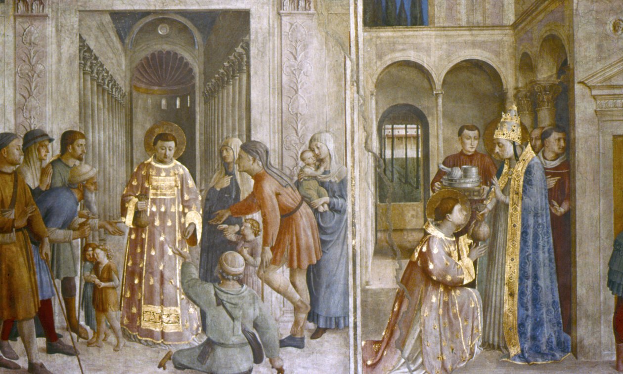 St Sixtus anförtror kyrkans skatter till Lawrence och St Lawrence ger allmosor av Fra (c.1400 55) Angelico