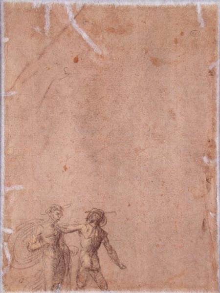 Två figurer (verso) (svart och gul krita förhöjd med vitt på papper) (för recto se 152658) av Fra 1472 1517 Bartolommeo
