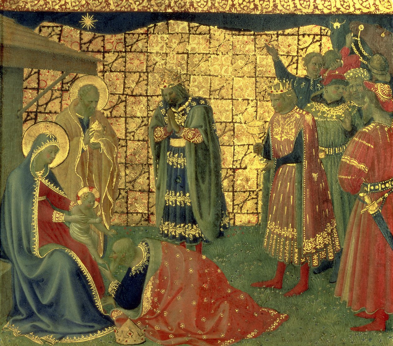 Adoration of the Magi, detalj från en predellapanel, 1434 tempera på paneldetalj av 98904 av Fra Angelico