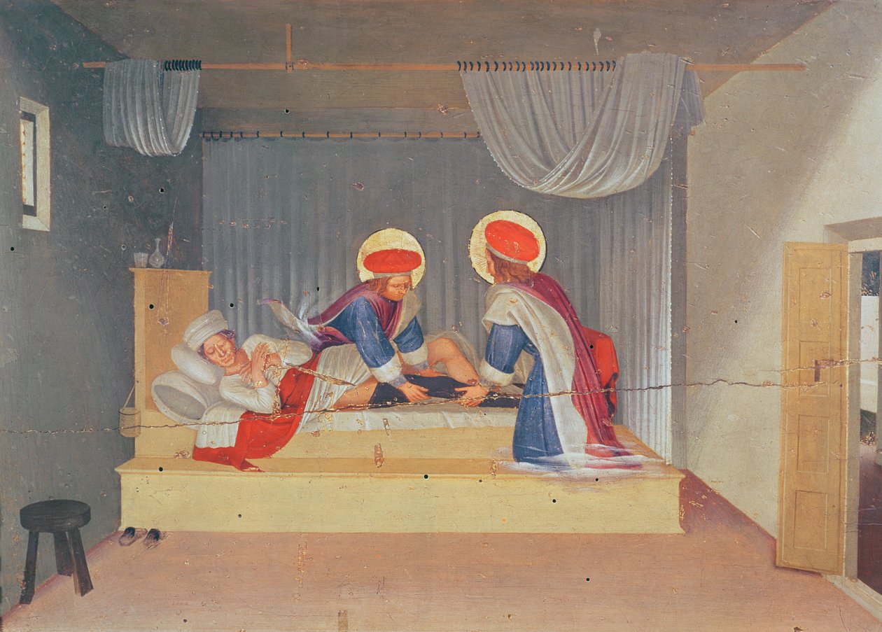 Altartavla, Jungfrun och barnet omgiven av änglar och åtta heliga. The Predella: Saint Cosmas och Saint Damien transplanterar benet av en neger på en Justinian Deacon (tempera på panelen) av Fra Angelico