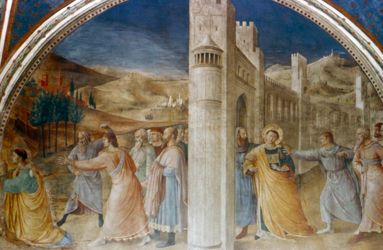 Arrestering och stening av St Stephen, mitten av 1400-talet av Fra Angelico