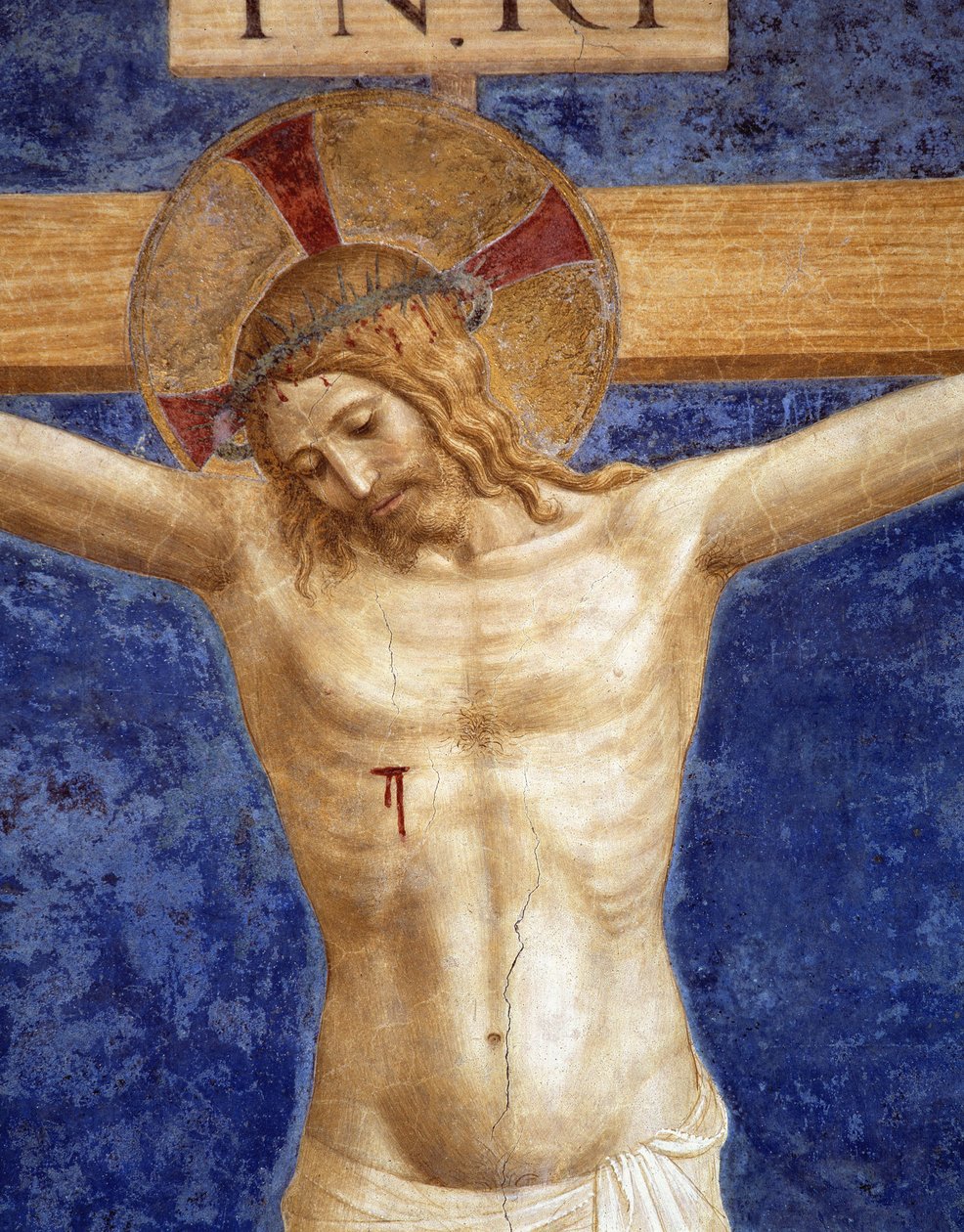 Kristus korsfäst. Inskription "INRI" på korset, detalj av Fra Angelico