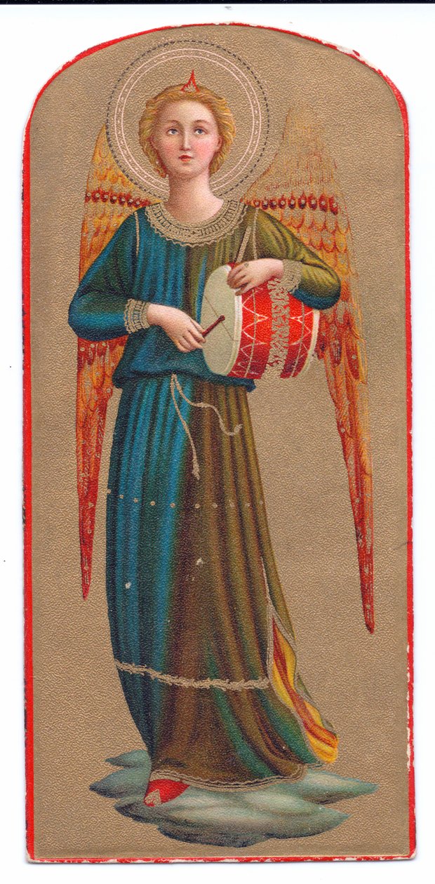 Färglitotryck från angelico ängel som spelar trumma, ca. 1910 av Fra Angelico