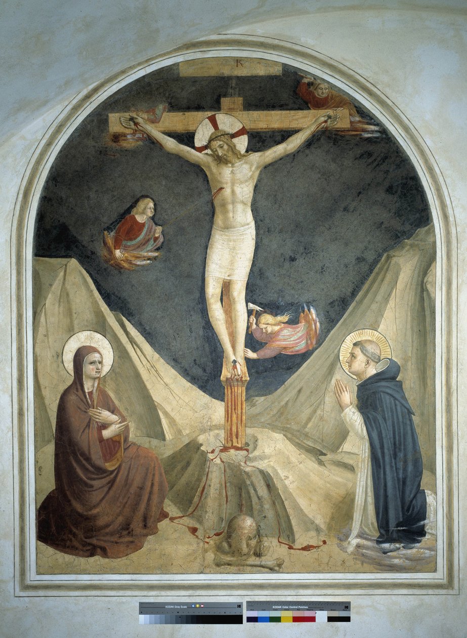 Korsfästelse med Jungfrun och Saint Dominic. Fresk av Guido di Pietro av Fra Angelico