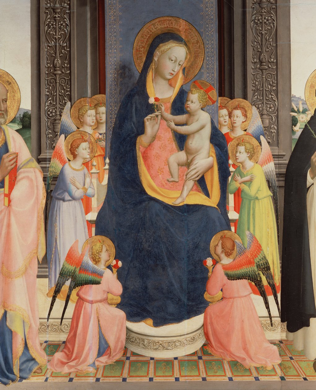 Detalj från Politico Di San Domenico som visar Jungfrun och barnet på tronen med åtta änglar, ca 1422 (tempera på panel) (se även 43912, 238446) av Fra Angelico