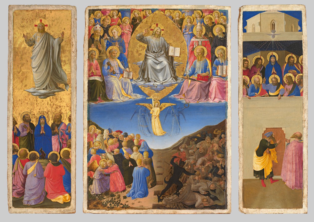 Italienska: Trittico (Ascensione, Giudizio Universale, Pentecoste) Triptyk med den yttersta domen, himmelsfärden och pingsten av Fra Angelico