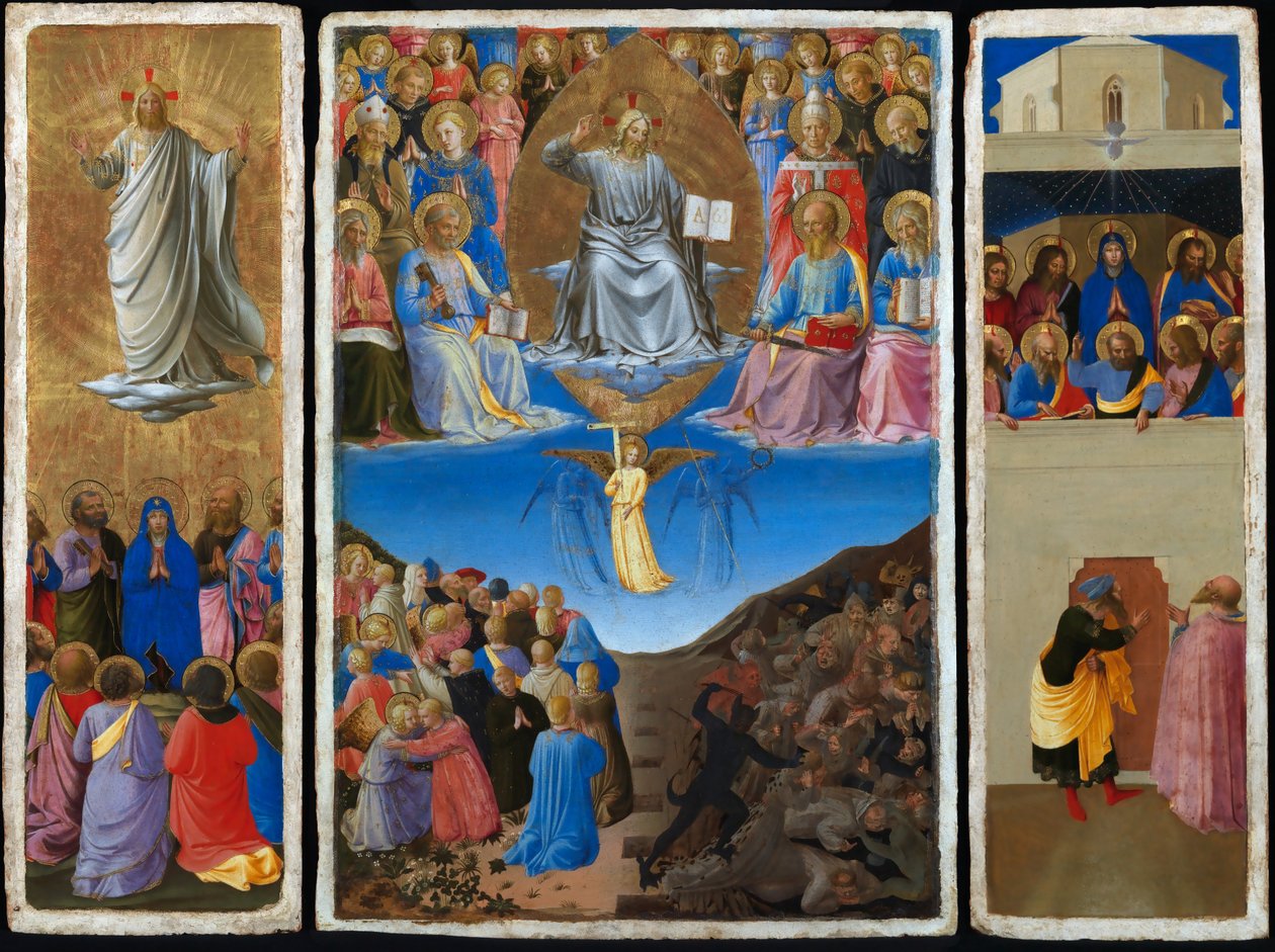Italienska: Trittico (Ascensione, Giudizio Universale, Pentecoste) Triptyk med den yttersta domen, himmelsfärden och pingsten av Fra Angelico