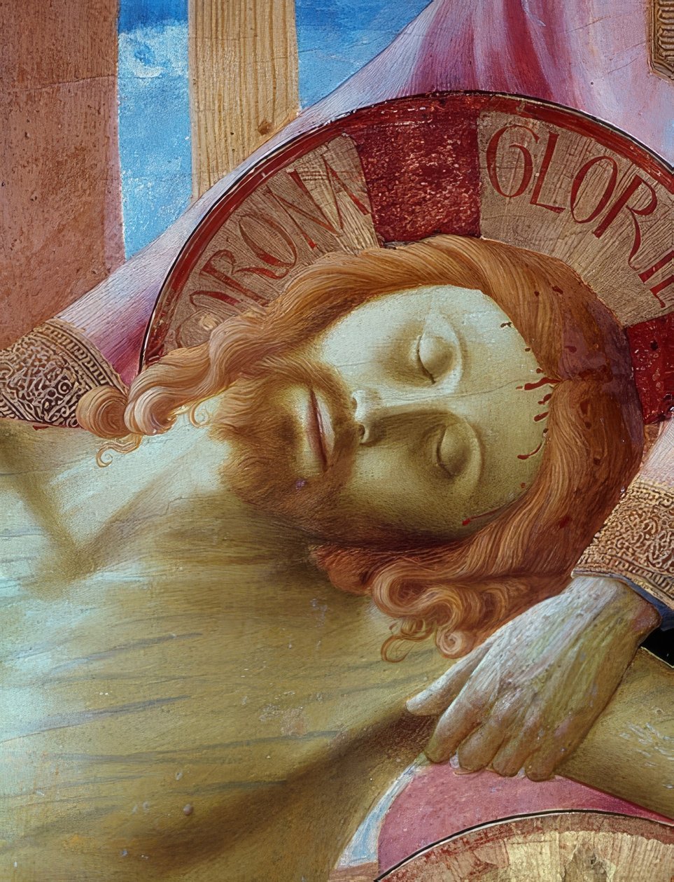 Nedstigning från korset. Detalj av den centrala delen av den ursprungliga altartavlan av Santa Trinita i Florens: Kristi huvud. 1437 av Fra Angelico