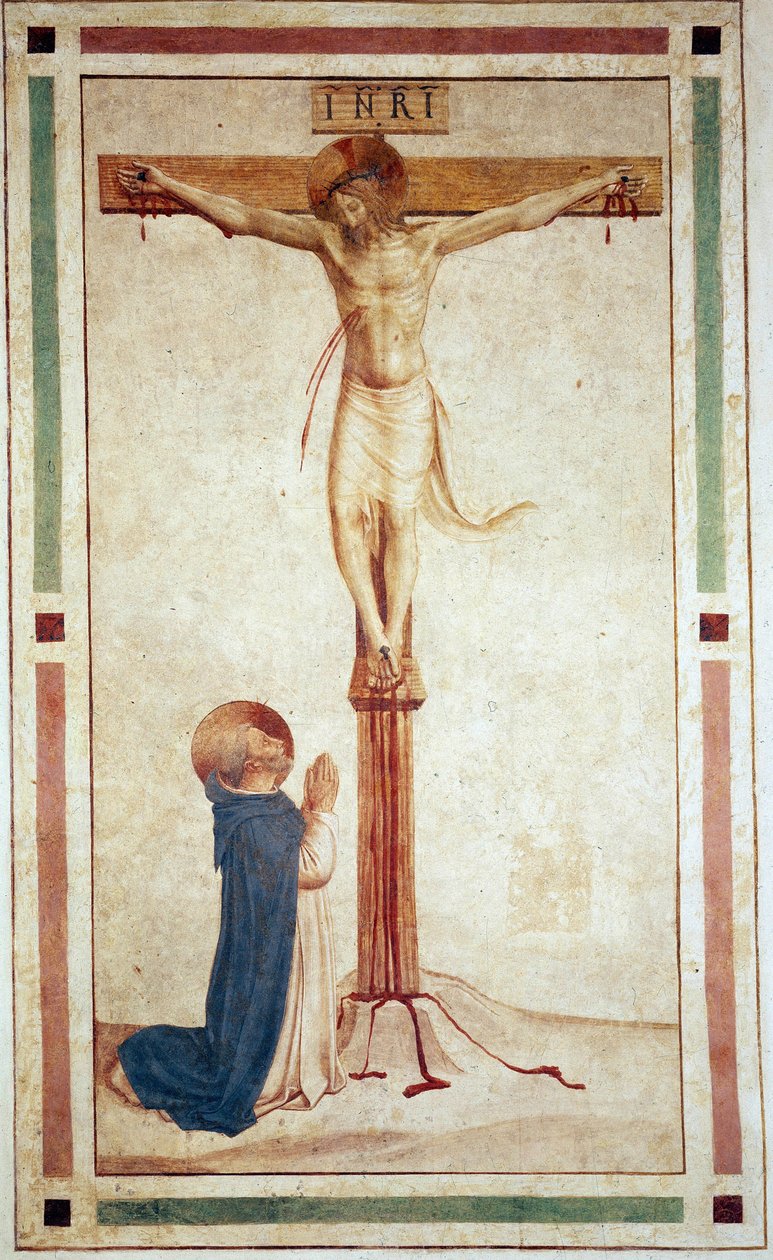 Korsfästelsen med Saint Dominic. Inskriptionen ""INRI"" på korset. Fresk av Guido di Pietro av Fra Angelico