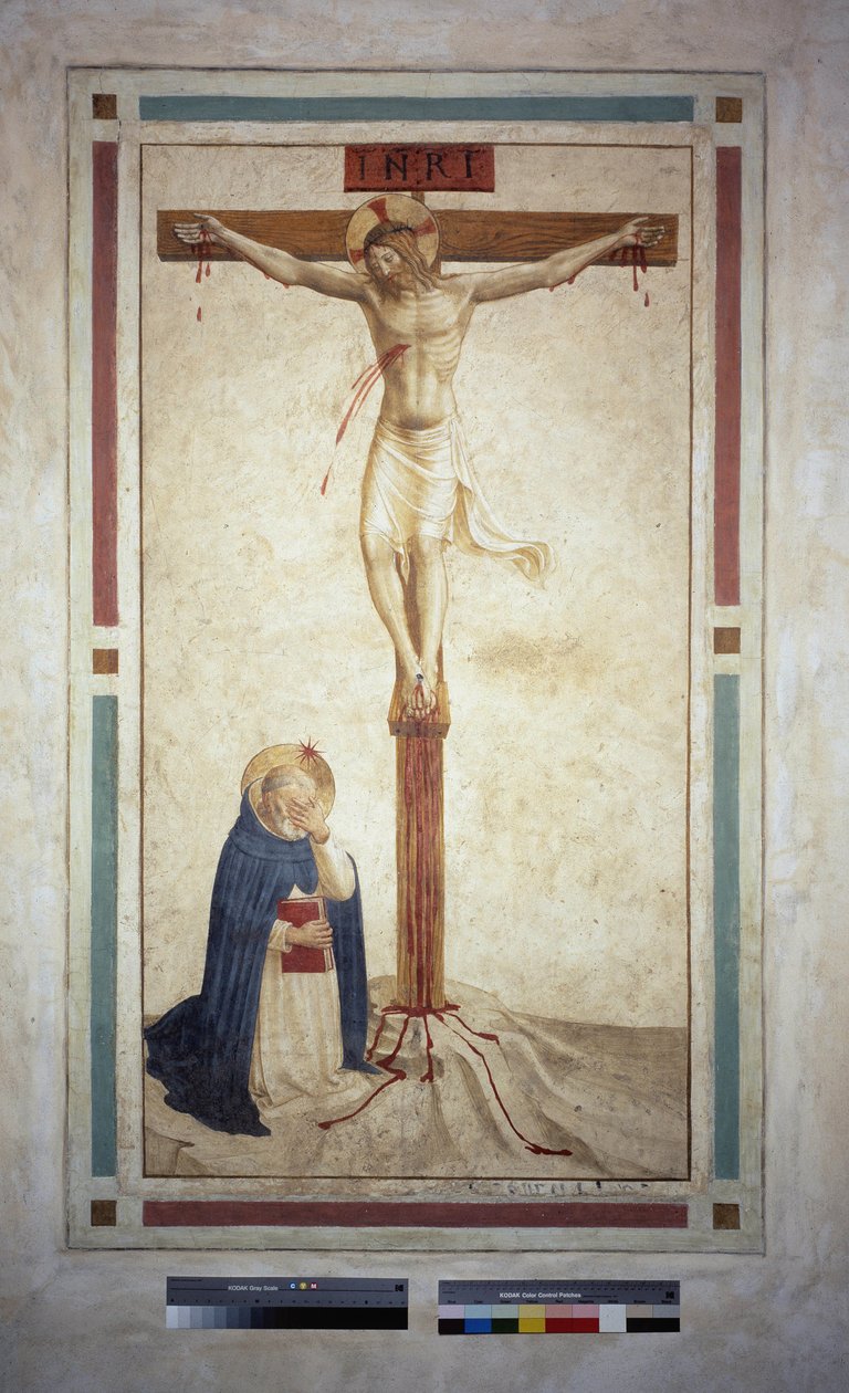 Korsfästelsen med Saint Dominic. Inskriptionen ""INRI"" på korset. Fresk av Guido di Pietro av Fra Angelico