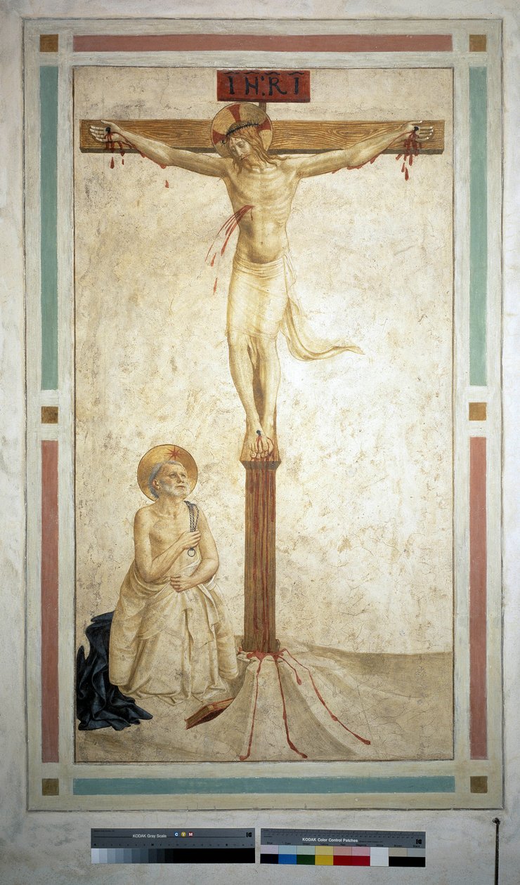 Korsfästelsen med Saint Dominic. Inskriptionen ""INRI"" på korset. Fresk av Guido di Pietro av Fra Angelico