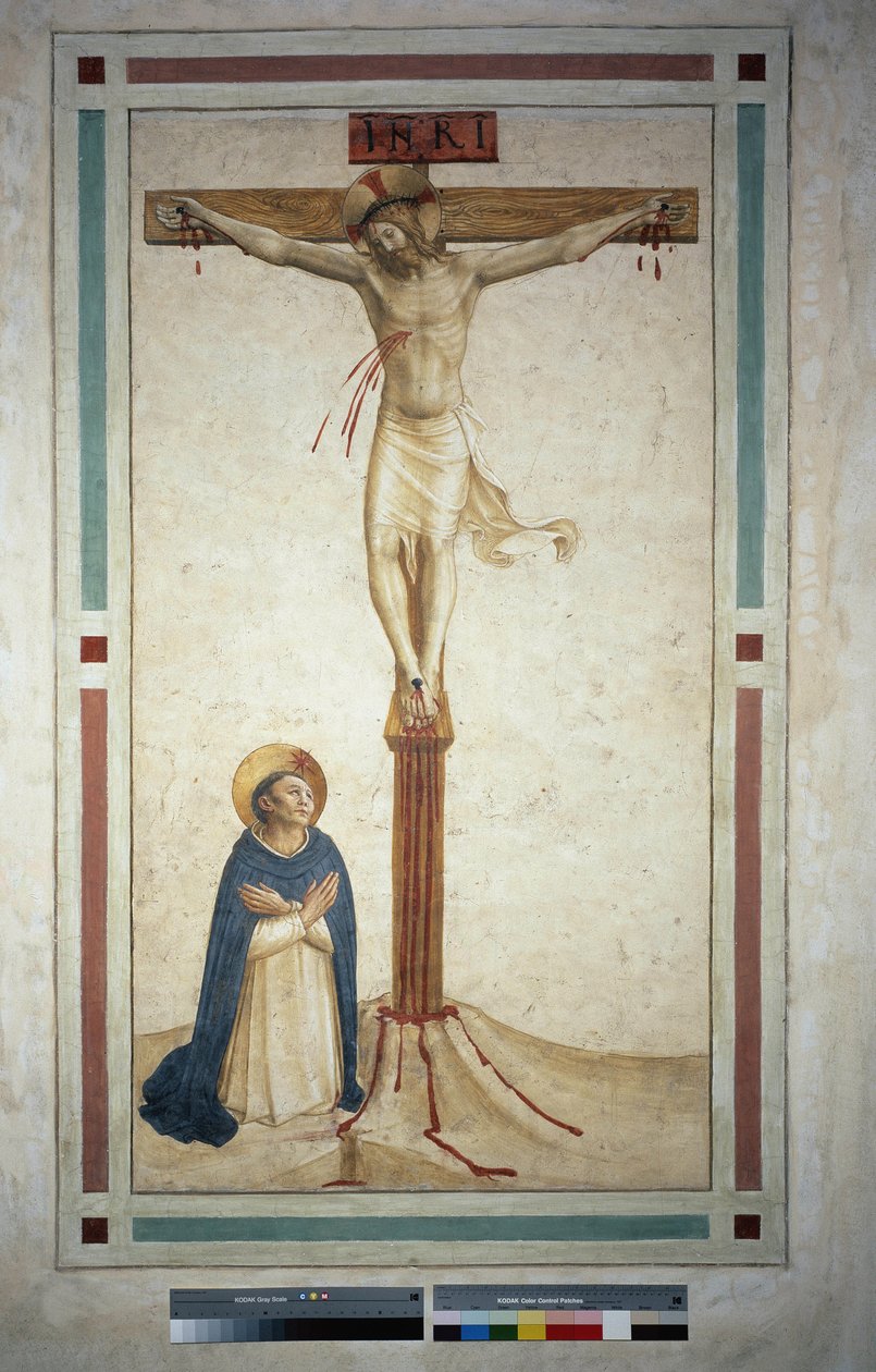 Korsfästelsen med Saint Dominic. Inskriptionen ""INRI"" på korset. Fresk av Guido di Pietro av Fra Angelico