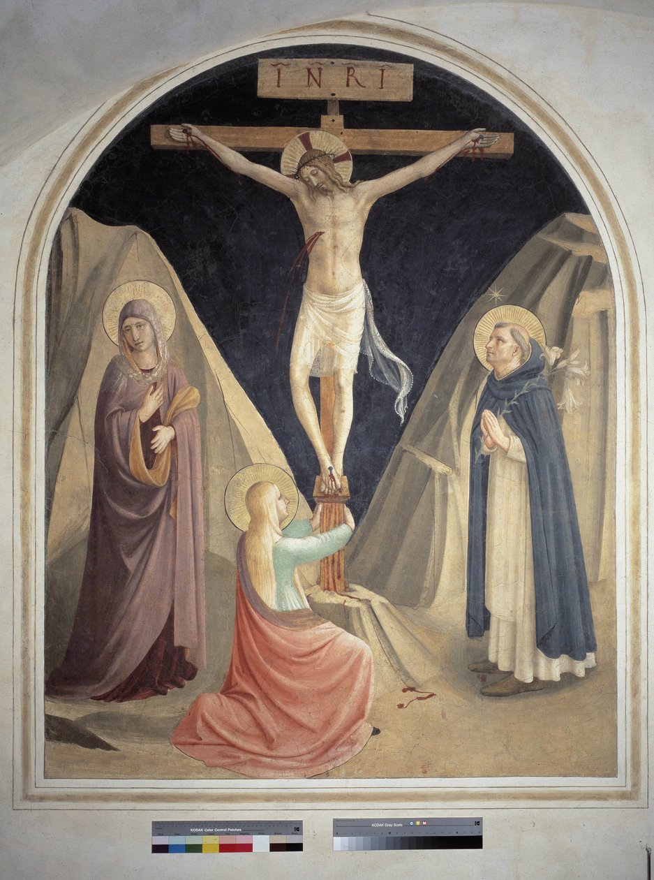Korsfästelsen med Sankt Dominikus, Jungfru Maria och Sankta Maria Magdalena. Inskriptionen ""INRI"" på korset. Fresk av Guido di Pietro av Fra Angelico