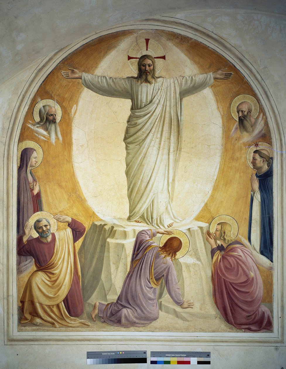 Kristi förvandling. Mose och Elias ansikten är representerade i bakgrunden. Nedan ser vi Jungfrun och Saint Dominic. Sedan på marken, 3 av apostlarna. Fresk av Guido di Pietro av Fra Angelico