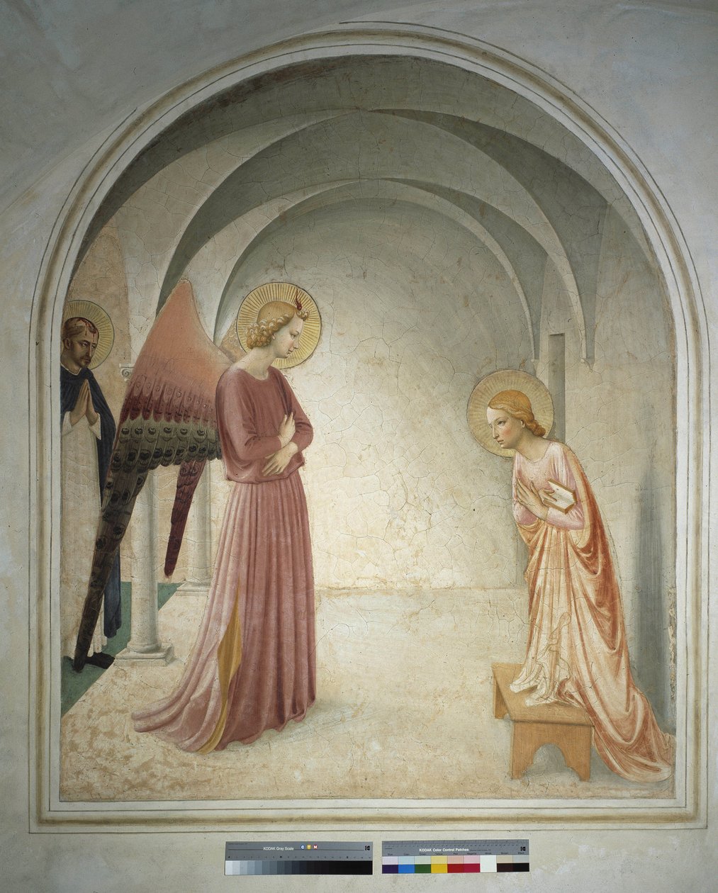 Bebådelsen St Peter Martyren står bakom ärkeängeln Gabriel och gör tillkännagivandet till Jungfru Maria Fresk av Guido di Pietro av Fra Angelico