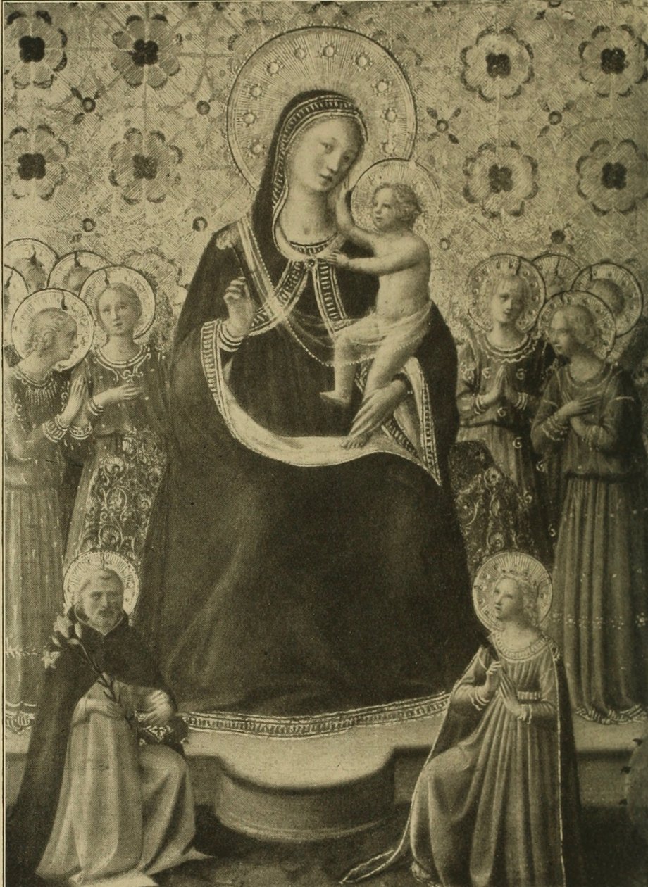 Madonna med barnet tronande med nio änglar och heligheterna Dominikus och Katarina av Alexandria av Fra Angelico