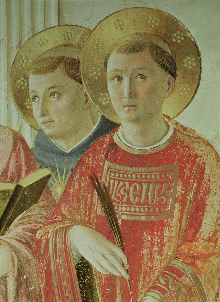 Madonna of the Shadow, detalj av St Thomas Aquinas och St. Lawrence, från korridoren på första våningen (fresk) av Fra Angelico