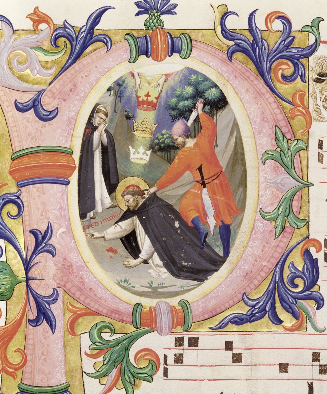 Missal 558 f.68v Historiserad initial "P" som visar mordet på den helige Petrus martyren. av Fra Angelico