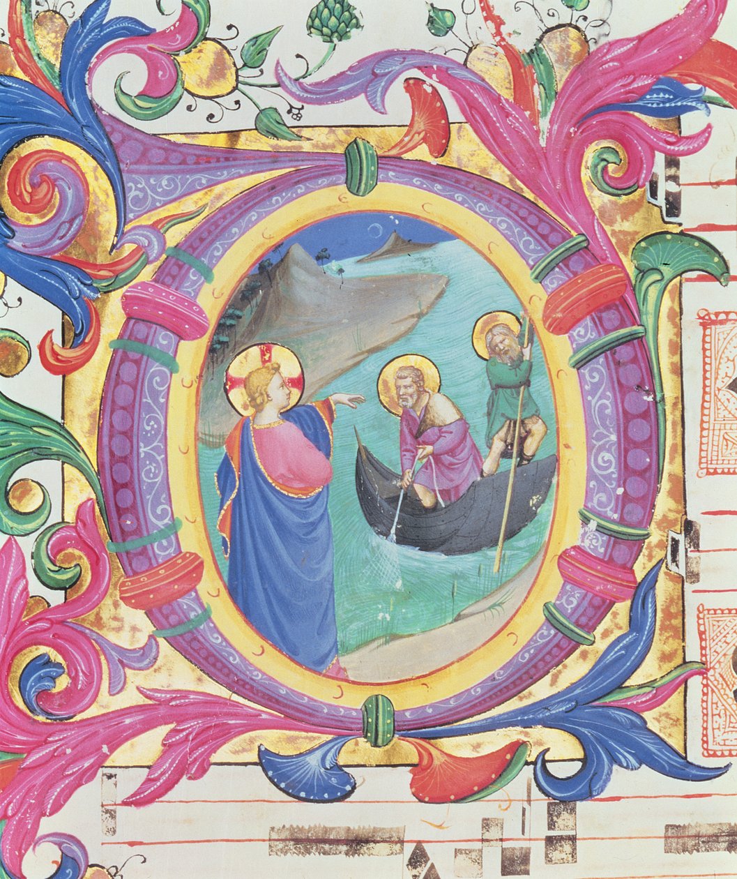 Missal 558 f.9r Historikert initial O som visar det mirakulösa draget av fiskar (detalj av 88928) av Fra Angelico