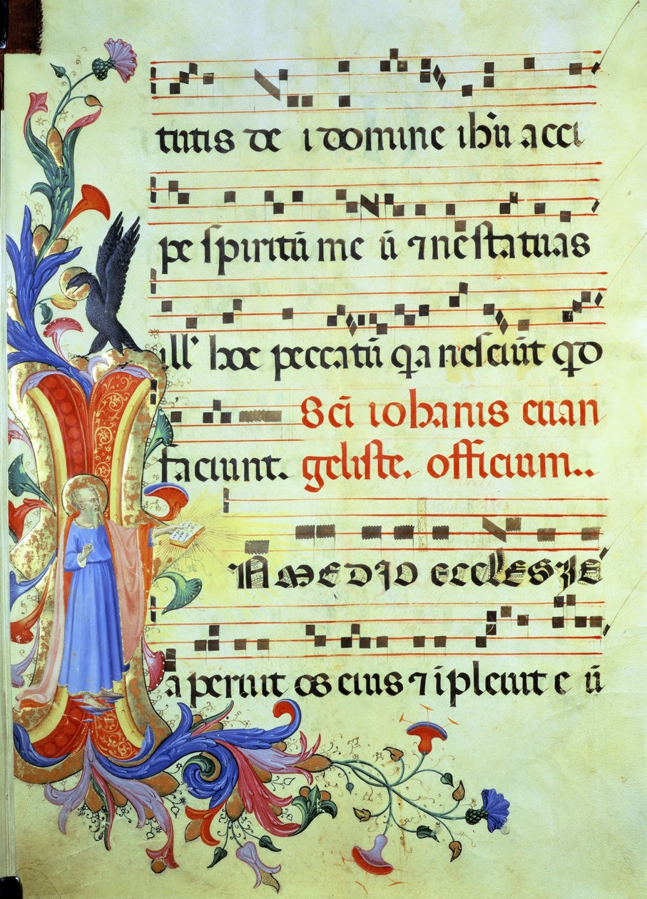 Ms 558 f.13v Historikert initial "I" föreställande St. Johannes evangelisten, med en sida med musikalisk notation från ett missal, tidigt 1430-tal av Fra Angelico