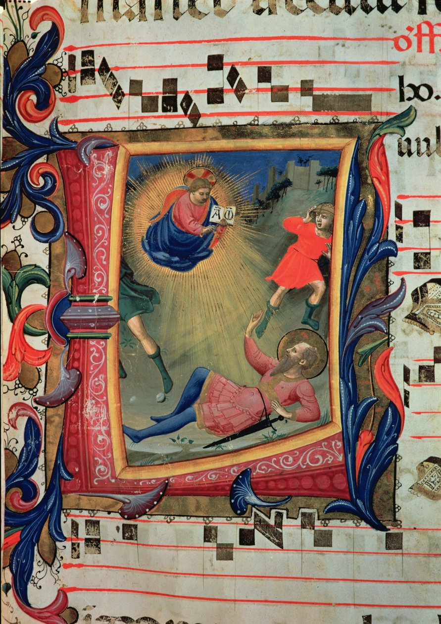 Ms 558 f.21v Historikerad initial som skildrar omvändelsen av St. Paul, detalj från ett missal, tidigt 1430-tal av Fra Angelico