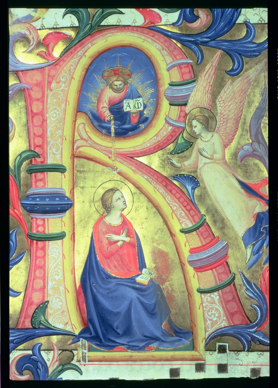 Ms 558 f.33v Bebådelsen avbildad i en historisk initial R, detalj från ett missal, tidigt 1430-tals velängdetalj av 88932 av Fra Angelico