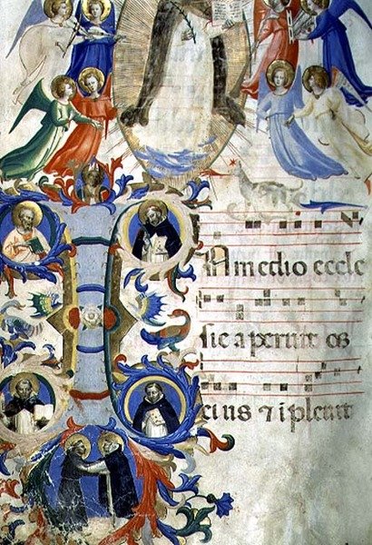 Ms 558 f.67v St. Dominic omgiven av musikeränglar ovanför en historisk initial I som visar (medurs) SS. Augustine, Ambrose, Peter Martyr, Gregory och Hieronymus, från en Gradual, tidigt 1430-tal (vellu av Fra Angelico