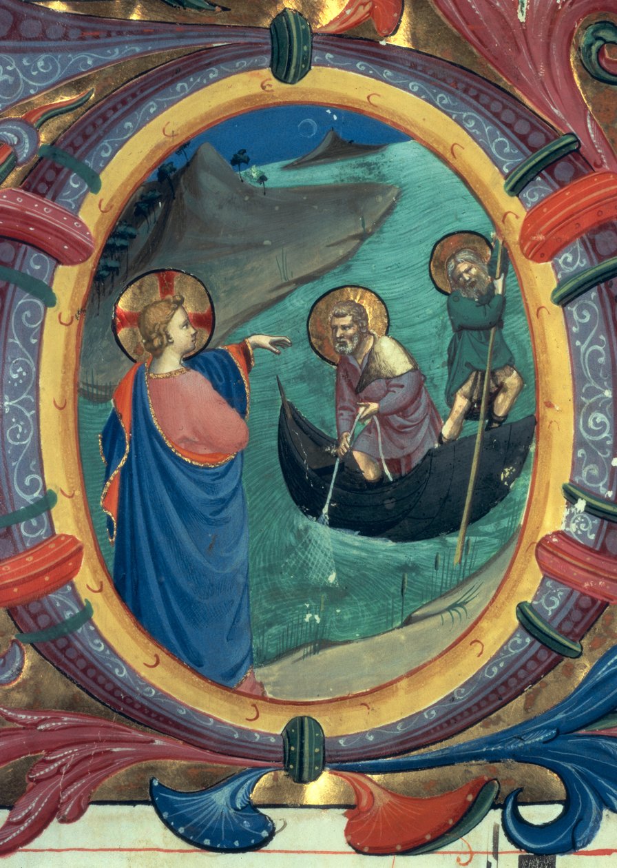 Ms 558 f.9r The Calling of St. Peter and St. Andrew, detalj av historisk initial O från ett missal, tidigt 1430-tals velängdetalj av 88928 av Fra Angelico